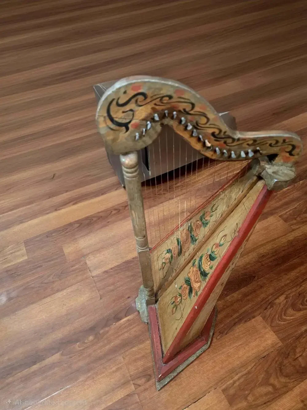 Antique 19thC Folk Art Table Harp Painted Lap Harp Zither Celtic Parlor Instrume